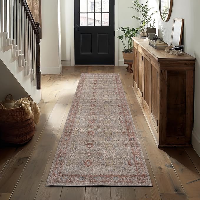 Kuden 2'6"x12 Runner Rug, Machine Washable Area Rug with Non-Slip Backing, Vintage Style, Soft, Easy Clean, Low Pile Rug for Hallway, Entryway, Kitchen, Bedroom