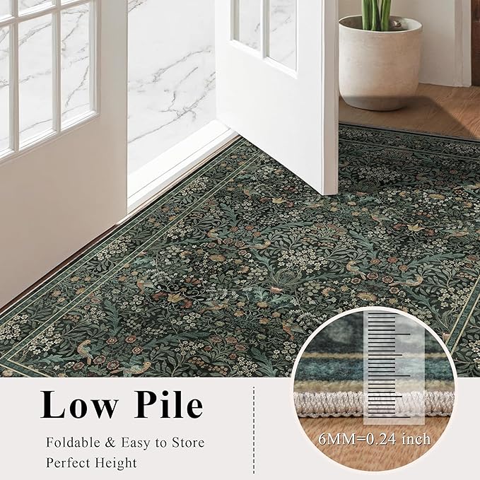 3x5 Floral Washable Area Rug for Living Room, Vintage Boho Rug for Bedroom Dining Room， Distressed Botanical Birds Non Slip Low Pile Forest Animal Throw Carpet for Farmhouse Office, Dark Green
