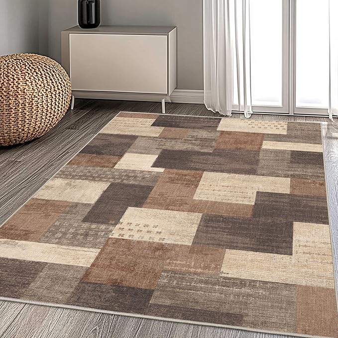 Modern Geometric Patchwork Indoor Area Rug for Living Room, Beige 9'x 12' Large Rug Rockwood Collection Hardwood Floors Decor for Bedroom, Beige Throw Carpet for Office Entryway Dining Room
