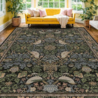Vintage 9x12 Dining Room Rugs for Under Table - Dark Botanical & Bird Patterned Rugs for Living Room, Bedroom Under Bed, Traditional Cottage Brown and Green Décor, Washable Non Slip Folable Carpet