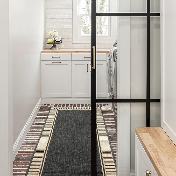 Nuloom Asha Dark Grey/Ivory, 2' x 8', Casual, Striped Border, Soft and Cozy, High Traffic, Stain Resistant, Easy Clean, Durable Runner for Indoor/Outdoor Patio, Deck, Porch, Garden, Courtyard