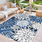 Colorful 8x10 Outdoor Area Rug Washable Multicolored Patio Rug Tropical Botanical Floral Chenille Waterproof Outdoor Carpet Non-Slip for Deck, Backyard, Porch, Blue