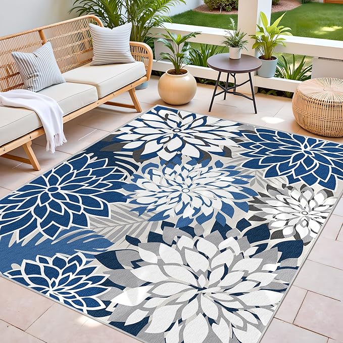 5x8 Outdoor Area Rug Washable Multicolored Patio Rug Tropical Botanical Floral Chenille Waterproof Outdoor Carpet for Living Room, Deck, Backyard, Porch, Black