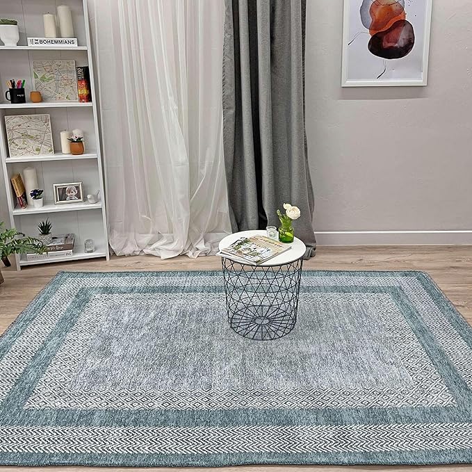 Alfa Rich 7x10 Light Blue Washable Area Rugs for Living Room Bedroom Kitchen Dining Cotton Decor Rug