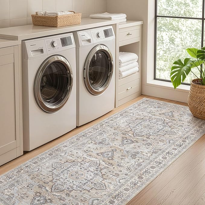 Runner Rug Kitchen Washable Rugs: 3x10 Non-Slip Boho Soft Vintage Stain Resistant Indoor Floor Neutral Farmhouse Throw Carpet for Hallway Bathroom Laundry Room Entryway Bedroom- Ivory Gray