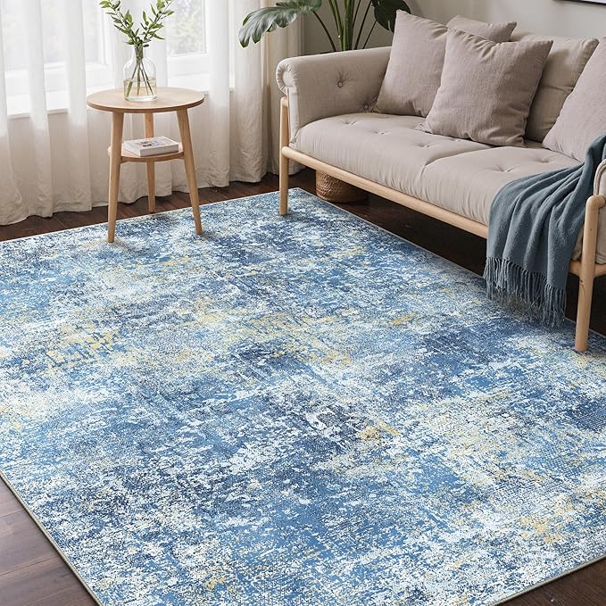 Bavni 8x10 Area Rugs Machine Washable Rug for Living Room, Modern Printed Rug Indoor Soft Area Rug for Bedroom Dining Room, Ultra-Thin Low Pile Carpet with Non Slip Rubber Backing, Denim Blue
