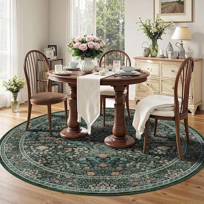 6ft Round Area Rugs for Living Room, Washable Floral Circle Rug Non Slip Low Pile, Vintage Boho Botanical Birds Throw Carpet for Farmhouse, Bedroom, Dining Room, Retro Green/Blue