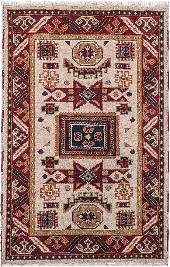 Hand Knotted Wool & Silk ECO-Friendly Oriental Area Rugs - 5'x8', Rectangle Shape, Cream Burgundy Color, Classic Oriental Traditional, Medium Pile Handmade Area Rugs (AF0102)