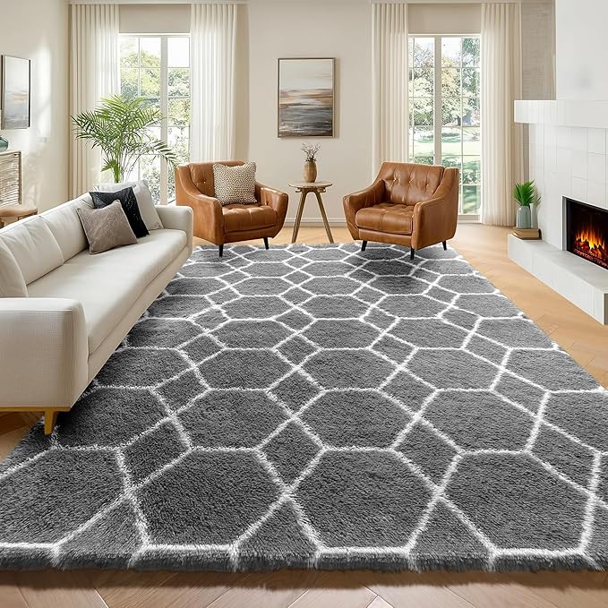 ONASAR 6x9 Area Rugs for Living Room Bedroom, Washable Large Fluffy Grey and White Throw Rug, Geometric Soft Plush Shaggy Floor Carpet for Nursery Kids Girls Boys Teen Dorm Home Decor Aesthetic