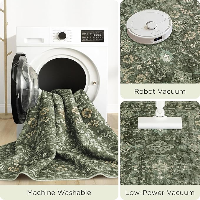 6x9 Rugs for Living Room, Soft Large Area Rugs Green Washable Rug, Indoor Vintage Rugs for Bedroom Home Office Laundry, Rubber Backed Non Slip Low Pile Carpet, Dark Olive Green