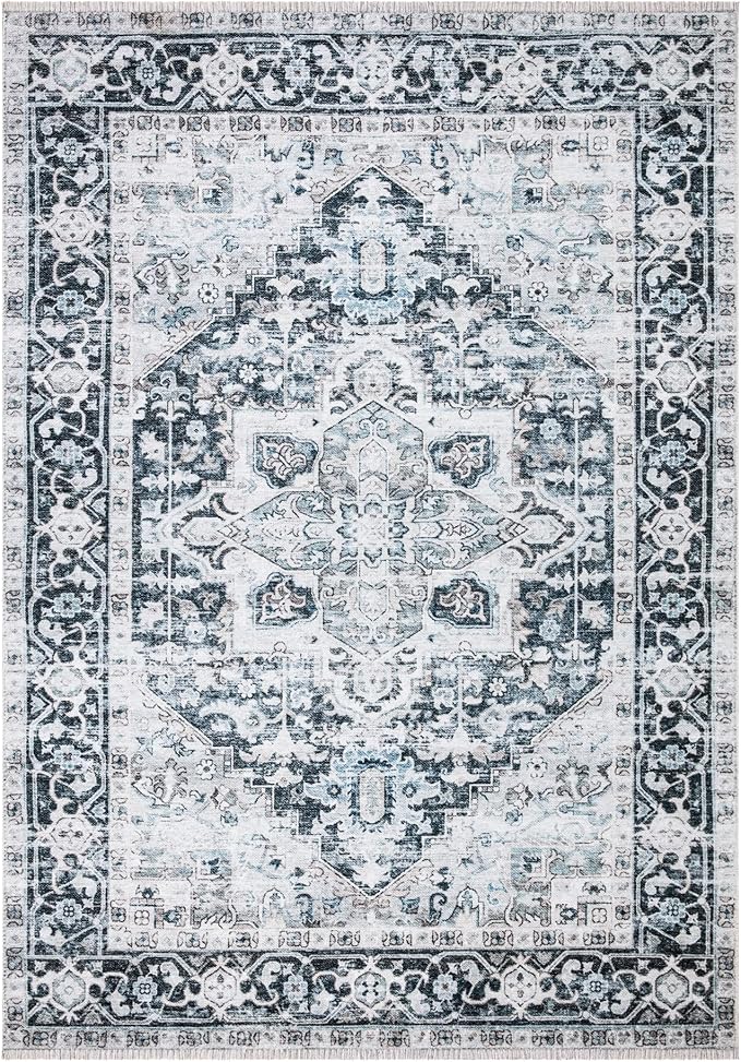 Bloom Rugs Caria Washable Non-Slip 5x7 Rug - Denim Blue Traditional Area Rug for Living Room, Bedroom, Dining Room, and Kitchen - Exact Size: 5' x 7'