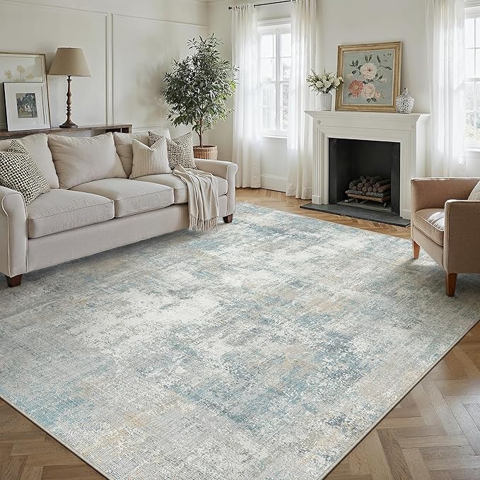 10x14 Area Rug Blue Cream Abstract Living Room Bedroom Washable Carpet Neutral Modern Non-Slip Soft Low Pile Lightweight Vacuumable Large Throw Rug for Dining Room