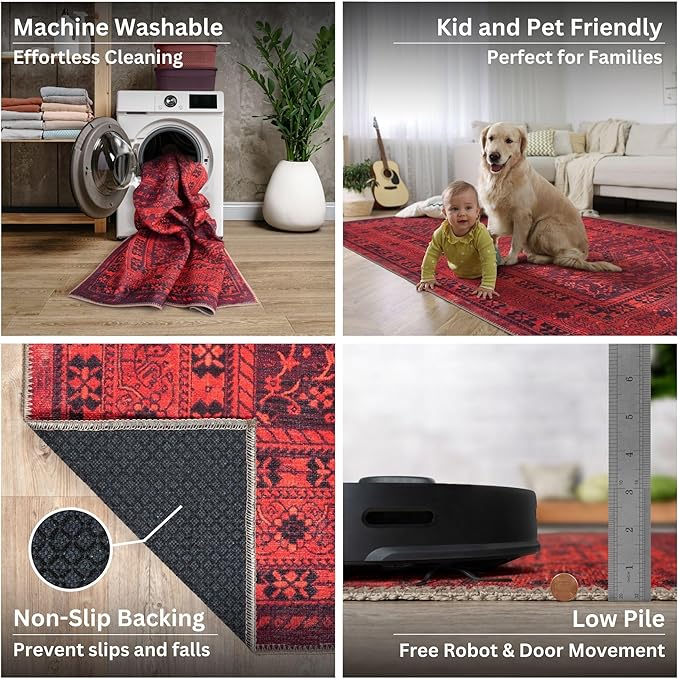 Bloom Rugs Washable Non-Slip 8' x 10' Rug - Red Traditional Bordered Area Rug for Living Room, Bedroom, Dining Room, and Kitchen - Exact Size: 8' x 10'