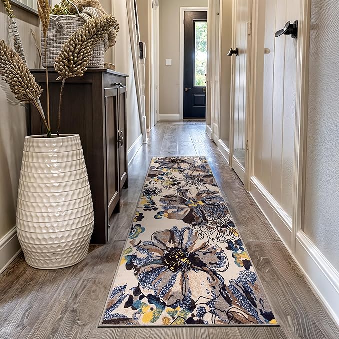 Rugshop Cream Bright Flowers Non Slip Non-Shedding Runner Rug for Hallway, Entryway and Kitchen, 2'7" x 10'