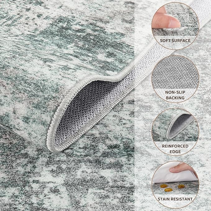 6x9 Area Rug Living Room Rugs - Washable Neutral Modern Abstract Soft Thin Large Rug Indoor Floor No Slip Rug Carpet for Bedroom Under Dining Table Home Office Decor - Green/Grey