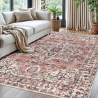 KOZYFLY Boho Area Rug 5x7 Ft Thin Washable Rugs for Living Room Faux Wool Throw Carpet Printed Non Slip Rug for Entryway Bedroom Dining Room Living Space, Terracotta/Beige