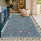 Washable 5x7 Blue Rugs for Kids Room, Boho 5 x 7 Nursery Rug Boys, Colorful Eclectic Low-Pile Carpet for Bedroom, Dining Table, Non-Slip with Rubber Back