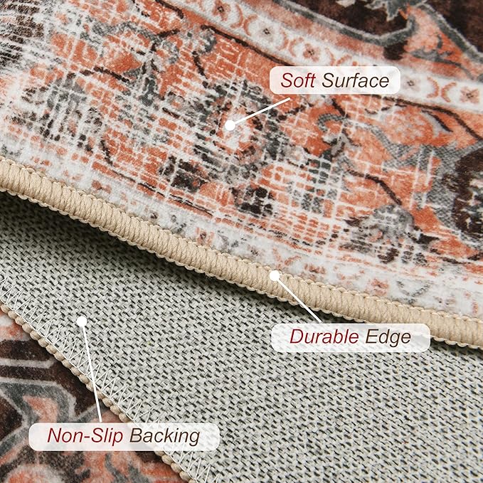 XWZO Entryway Area Rug 2x3ft — Soft Vintage Low Pile Non-Slip Backing Door Mat for Bedroom Bathroom Kitchen Laundry, Spill Resistant Washable Small Indoor Carpet for Doorway & Entrance, Brick Red