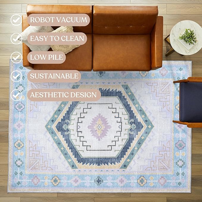 Fame Living Washable Area Rug. Modern Farmhouse. Vintage. Turkish. Bohemian. Distressed. Oriental. Traditional. Rugs for Living Room. Dining. Bedroom. Office. Entryway. Foyer. (856PBl, 5' x 6'9")