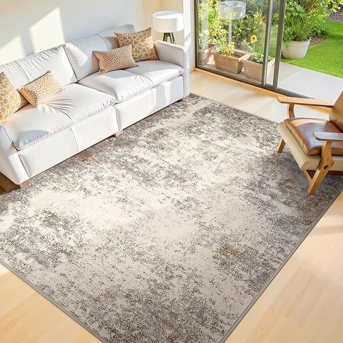 5x7 Washable Area Rugs - Modern Abstract Rugs for Living Room Non-Slip Low Pile Soft Machine Washable Carpet for Bedroom, Dining Room, Nursery, Home Office, Farmhouse (5'x7' Brown Grey)