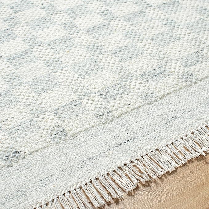 Mark&Day Wool Rugs, 2x8 Clinten Solid and Border Light Slate Runner Checkered Rug, Cream Grey Carpet for Hallway, Kitchen, Bedroom or Living Room (2'6" x 8' Runner)