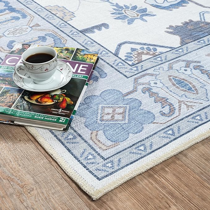 Fame Living Cream Blue Oushak Rug, Modern Small Rugs, Vintage, Turkish, Eclectic, Floral, Pastel, Washable, Door Mat, Doormat for Indoor Entrance, Entryway, Kitchen, Bathroom, Bedroom, Laundry, 2'x3'