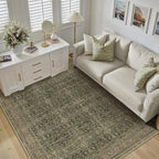 Entryway Area Rug 4x6 Green Brown Vintage Washable Office Carpet Traditional Distressed Indoor Entry Soft Non Slip Small Door Mat Retro Low Pile Thin Rug for Kitchen Laundry Bedroom