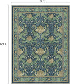 Bavni 9x12 Area Rugs, Floral Machine Washable Rugs for Living Room, Dinning Room, Bedroom, Non Slip Aesthetic Vintage Low Pile Durable Lightweight Farmhouse Rug, Tea Green/Blue