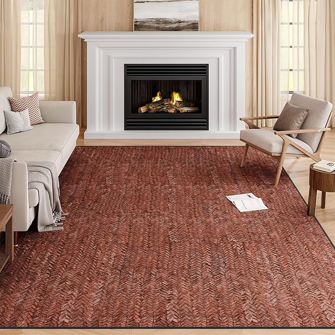 Eleisa Modern Vintage 10x14 Herringbone Chevron Area Rug, Non-Slip Stain Resistant Washable Rug, Wine & Red Large Rug for Living Room, Farmhouse Carpet for Bedroom, Kitchen, Dining Room, Home Office