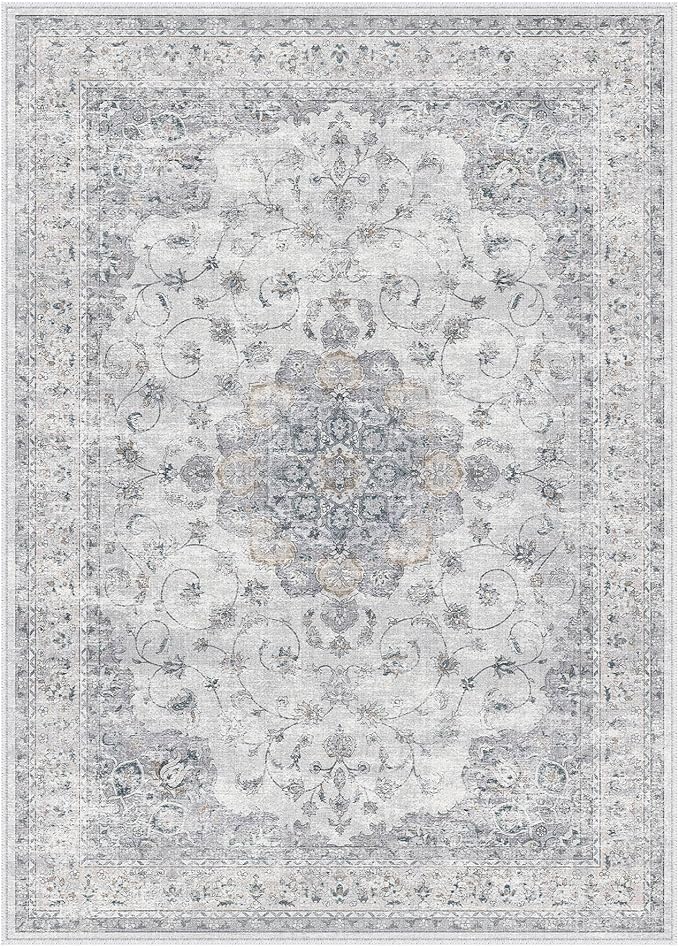 HUGEAR Machine Washable Area Rugs 4x6 Vintage Blue Living Room Rug Neutral Style Non Slip Stain Resistant Low Pile Throw Carpet for Office Home Retro Aesthetic Modern Decor