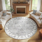 jinchan Fiora Round Rug 7ft Area Rugs - Vintage Floral Distressed Design Machine Washable Non-Slip Low-Pile Ultra-Thin Circle Rug for Living Room Dining Room Bedroom Farmhouse (7' Round, Grey)