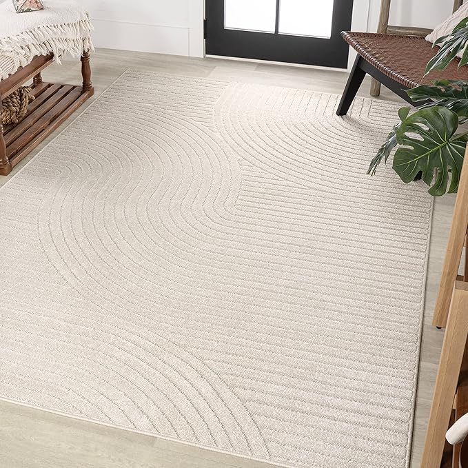 JONATHAN Y Hallie High-Low Curve Ivory/Cream Indoor/Outdoor Area Rug, 3x5, Minimalist, Pet Friendly, Non-Shedding, Stain Resistant, Hose-Washable for Backyard, Patio, Porch (SCN100B-3)