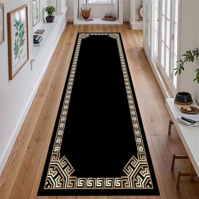 Greek Key Runner Rugs, 3.3x10ft, Vintage Traditional Tribal Black and Gold Color Stain Resistant Long Rug Runners, Entryways Non Slip Washable Sturdy Room Decor Mat for Kitchen Bedroom