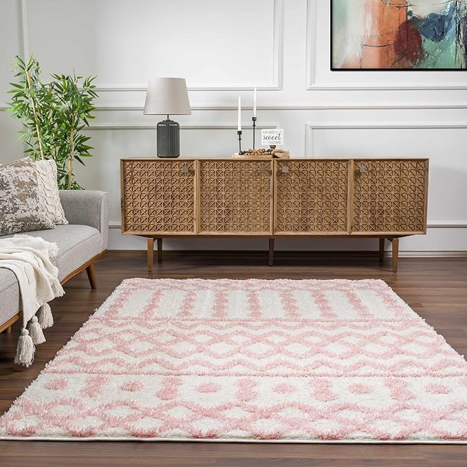 Hauteloom Tilos Moroccan Farmhouse Living Room Bedroom Nursery Shag Area Rug - Shaggy Carpet - Trellis Pattern - High Plush Pile - Cream, Pink, Beige - 5'3" x 7'