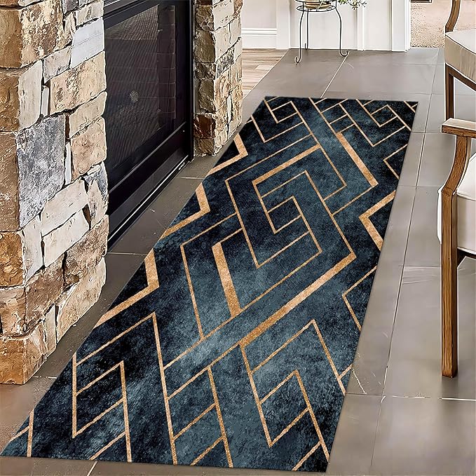 Navy Blue Gold Geometric Rug Runners for Hallways, 1.3x7ft, Modern Gold Line Indoor Carpet, Minimalist Art Durable Fade Resistant Rugs, Anti-Skid High Traffic Rugs for Kitchen LaundryRoom