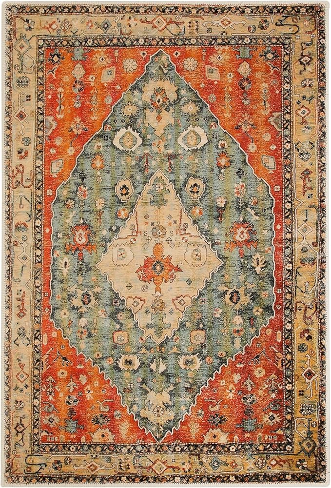 COMSLE Boho Area Rug, 2' x 4' Machine Washable Rugs for Entryway Faux Wool Small Rugs Distressed Throw Rug Non-Slip Floor Carpet for Indoor Bedroom Kitchen Living Room