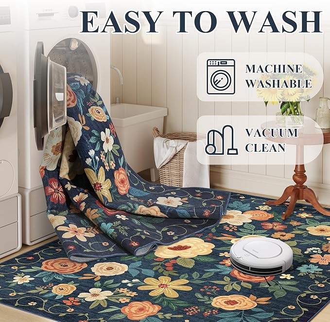 DUKINO 6x9 Area Rug, Floral Rugs for Living Room, Lightweight Non Slip Washable Rug, Indoor Low Pile & Non-Shedding Boho Design Rugs for Bedroom, Living Room, Dining Room, Dark Blue