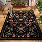Vintage Medallion Floral 4x6 Rug, Machine Washable Non-Slip Area Rug, Low Pile Soft Carpet for Entry, Living Room, Office, Kids, Girl/Boys Room | Black