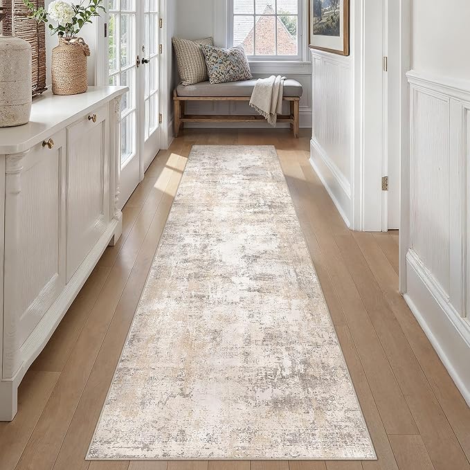 2'6x10 Washable Runner Rug Beige Grey Abstract Hallway Kitchen Throw Rug Neutral Modern Non Slip Soft Low Pile Carpet for Bathroom Laundry Bedroom Living Room