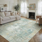 10x12 Area Rug Teal Beige Abstract Living Room Bedroom Washable Carpet Neutral Modern Non-Slip Soft Low Pile Lightweight Vacuumable Large Throw Rug for Dining Room