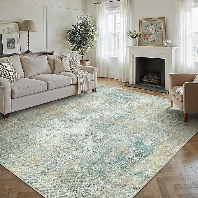 8x10 Washable Area Rug Teal Beige Abstract Living Room Bedroom Carpet Neutral Modern Non-Slip Soft Low Pile Lightweight Vacuumable Large Throw Rug for Dining Room