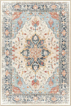 Area Rugs 3'x9' Washable Non-Slip, Floral Vintage Distress Print Pattern Medallion Carpet for Living Room Bedroom Dining Room, Beige Navy Blue Orange Colorful