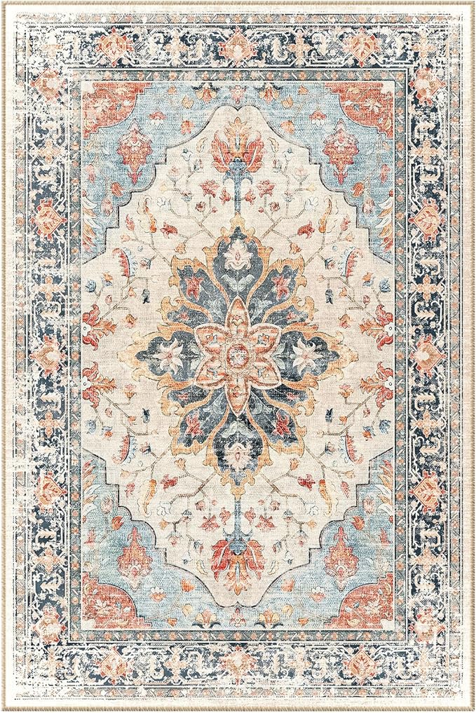 Area Rugs 3'x6' Washable Non-Slip, Floral Vintage Distress Print Pattern Medallion Carpet for Living Room Bedroom Dining Room, Beige Navy Blue Orange Colorful