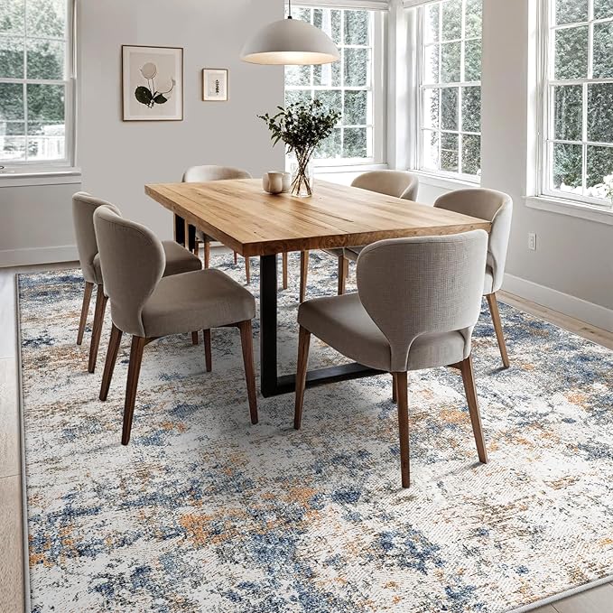 6x9 Washable Area Rug for Living Room, Multicolor Modern Vintage Abstract Rug Large Non-Slip Low Pile Soft Faux Wool Carpet, Kids and Pets Friendly for Bedroom Dining Room Farmhouse Home Decor Rug