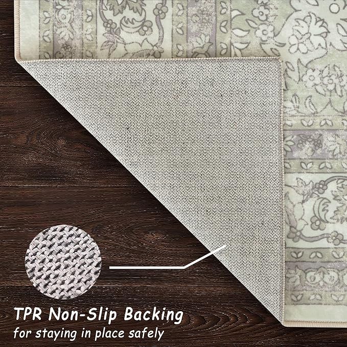 vivorug 4x6 Rug, Small Area Rug for Living Room, Bedroom, Kitchen, Machine Washable Non-Slip Throw Rug, Vintage Floral Carpet for Entryway Nursery Coffee Table - Durable (Sage Green)