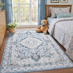 6x9 Area Rug for Bedroom, Machine Washable Rugs with Non-Slip Backing for Living Room, Large Vintage Carpet Kitchen Laundry Kids Room Decor, Blue & Beige