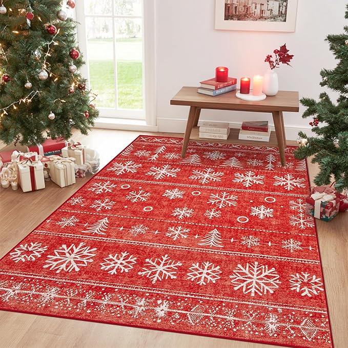 Area Rug 4x6 Christmas Rugs, Machine Washable Boho Christmas Tree Snowflake Rug Non-Slip Soft Low Pile Holiday Indoor Rugs for Bedroom Kitchen Dining Room Office(Xmas Red, 4'x6')