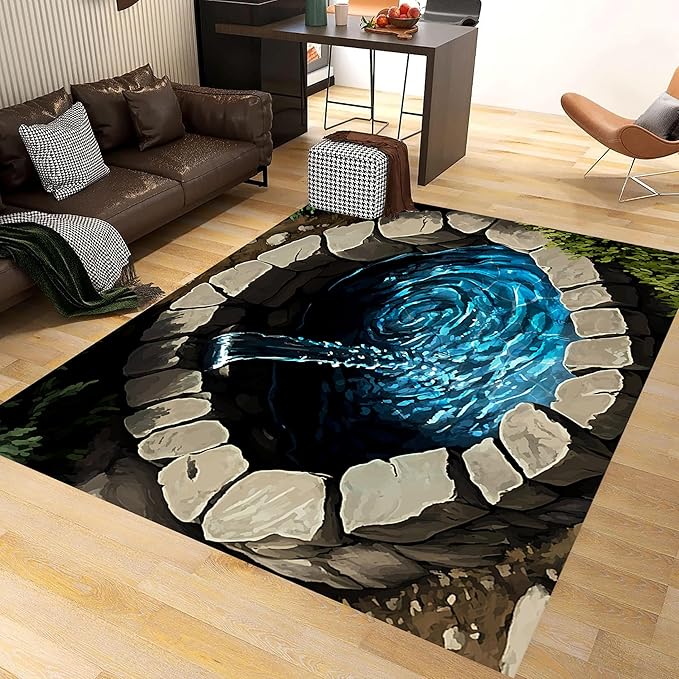 3D Well Waterfall Bedroom Carpet, 4x6ft, Visual Illusion Deep Hole Entrance Rug, Huge Stone Cracks Non-Slip Rugs, Cozy Breathable with Non Slip Backing Mat for Indoor Bedside