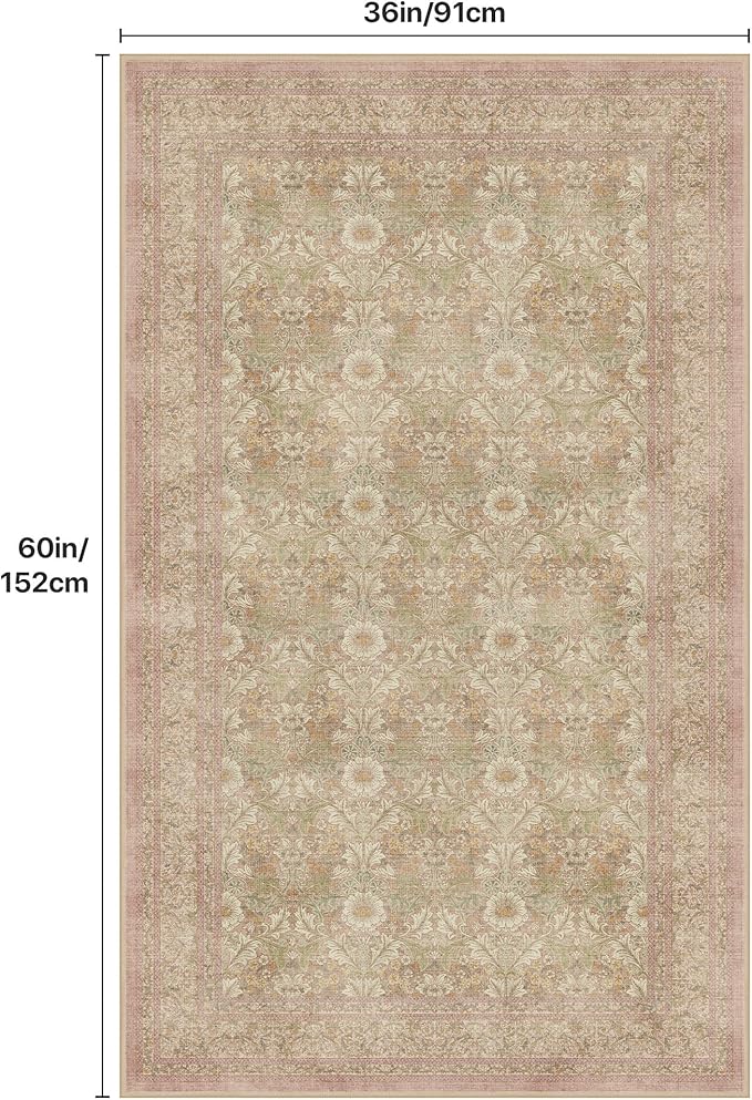 Bavni 3x5 Vintage Floral Rug, Washable Non Slip Area Rug for Entryway, Bedroom, Kitchen or Living Room, Low Pile Carpet, Brown Pink