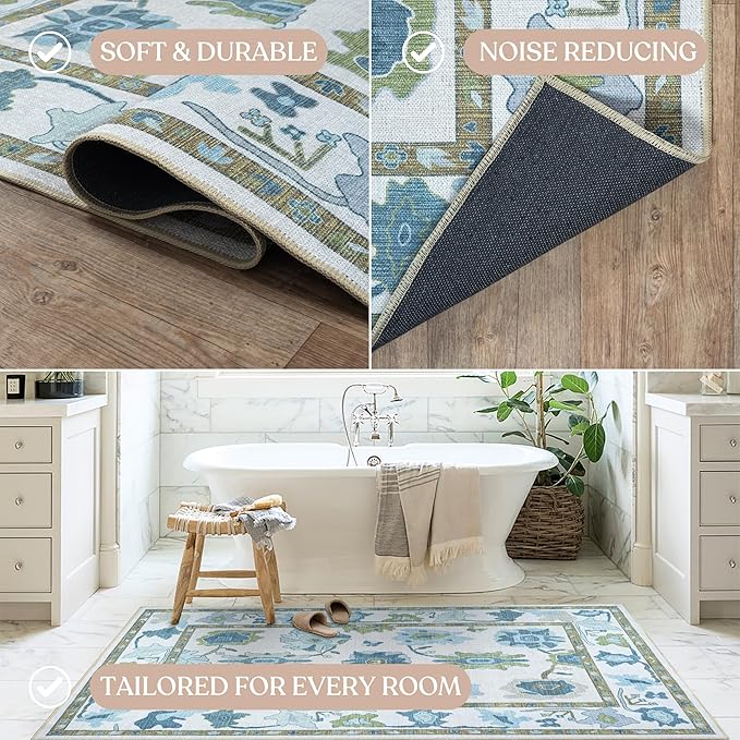 Fame Living Green Oushak Rug, Modern, Vintage, Turkish, Eclectic, Floral, Pastel, Washable, Extra Large Area Rugs for Living Room, Dining, Bedroom, Lounge, 9'x12'